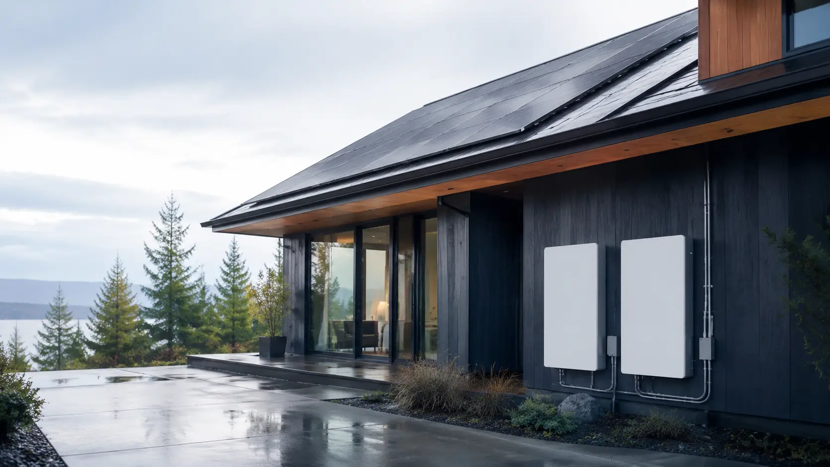 Two home batteries installed on a modern home with rooftop solar